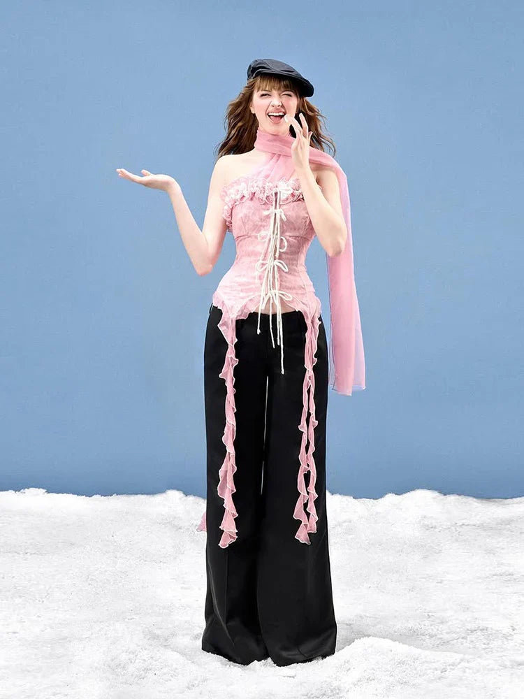 Mesh Scarf Patchwork Lace Ruffled Sheer Top