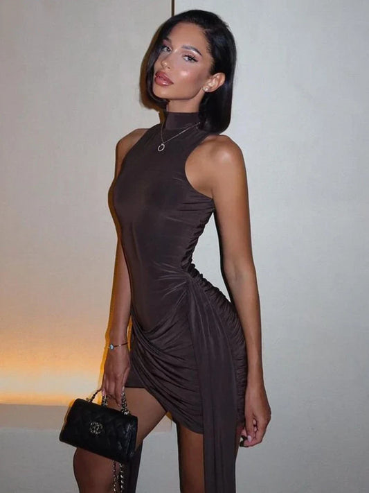 Irregular Ruched Turtleneck Mini Dress