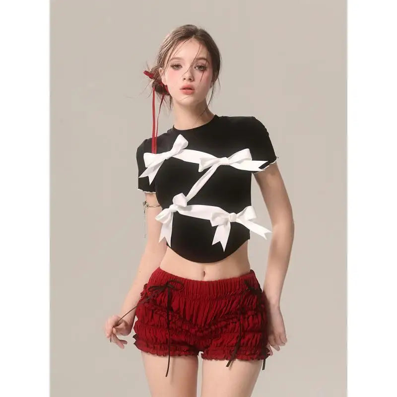 Bow Decoration Black Slim T-shirt