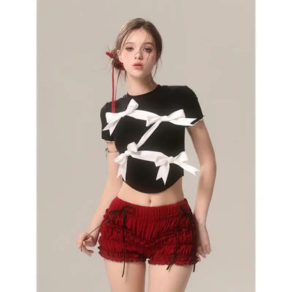 Bow Decoration Black Slim T-shirt