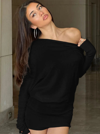 Oblique Shoulder Long Sleeve Mini Dress