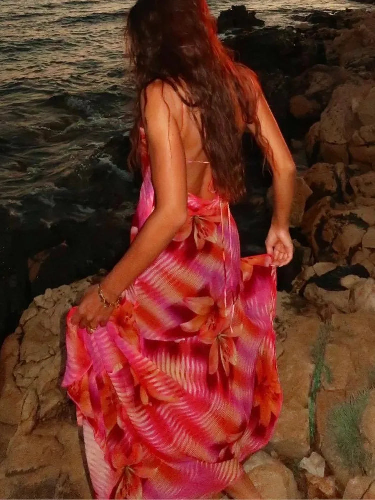 Chic Flower Printed V Neck Beach Midi Dress