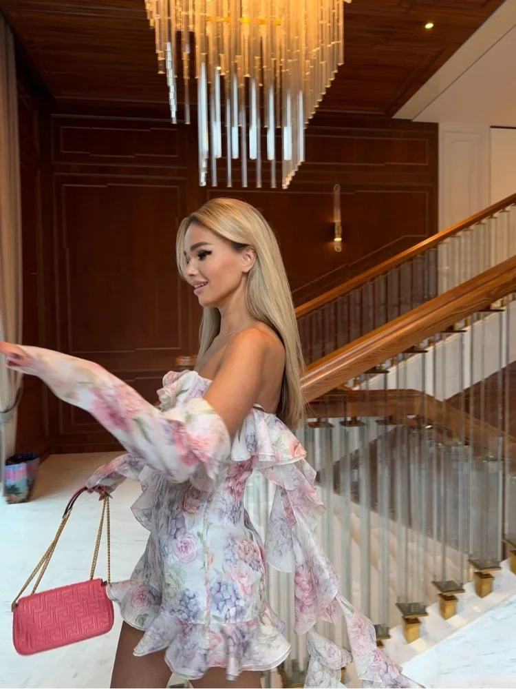 Pink Chiffon Off Shoulder Layered Floral Dress