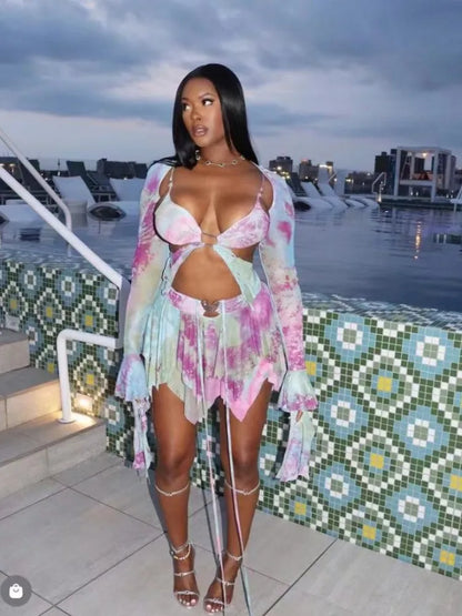 Tie Dye Irregular Butterfly Crop Skirt Streetwear Two Piece Skirt Set