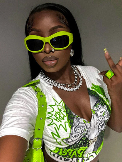 Graphic V Neck Midriff Crop Top