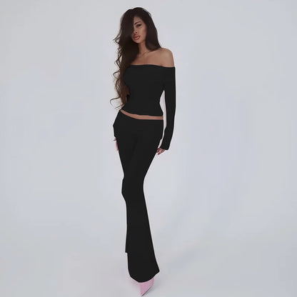 Off Shoulder Flare Pants Knit Set