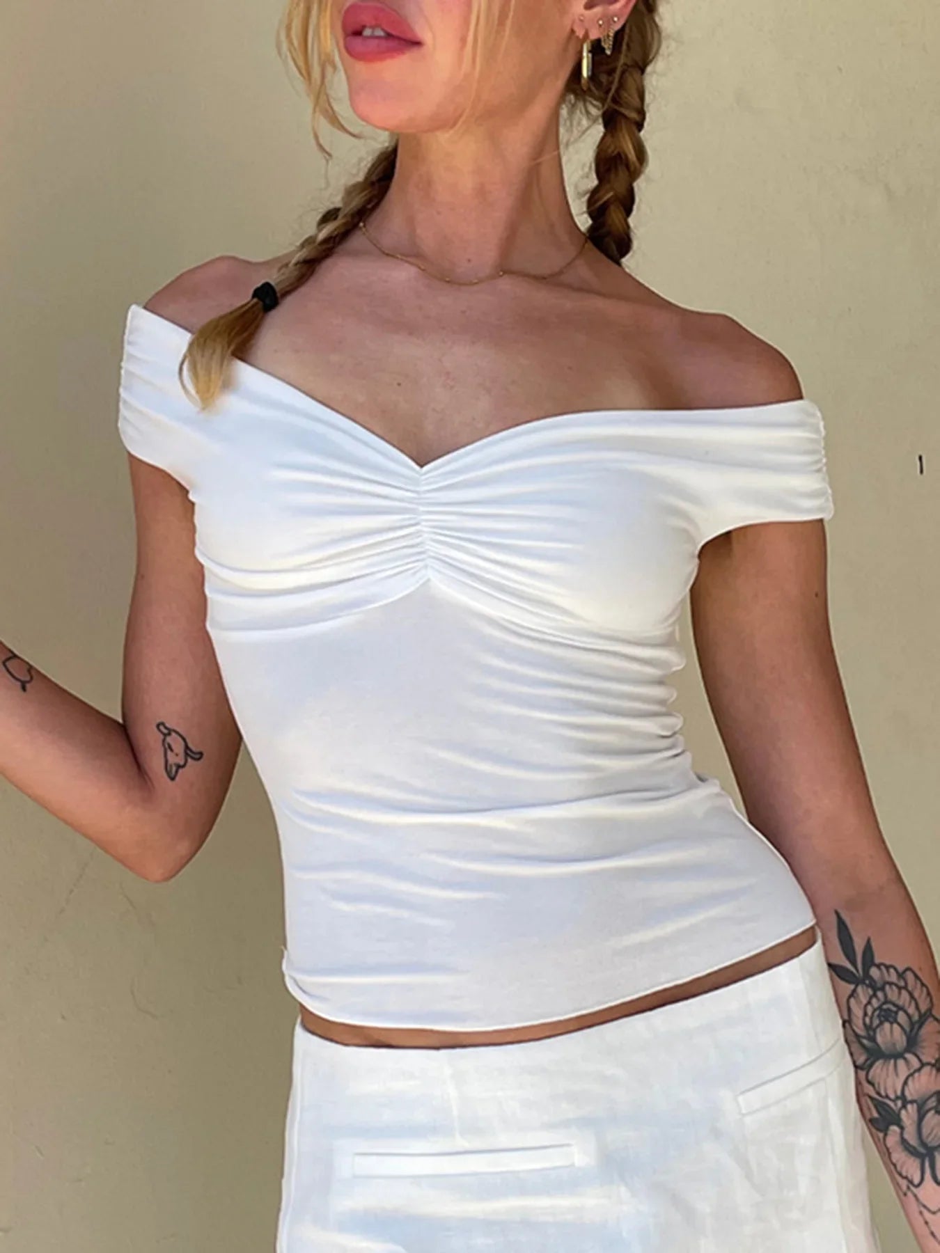 Off Shoulder Ruched V-Neck Cropped Tee Crop Top