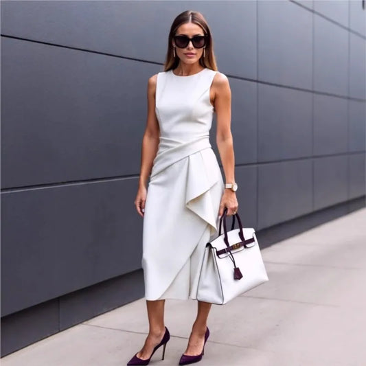 Solid Waisted Sleeveless Asymmetrical Long Work Dress