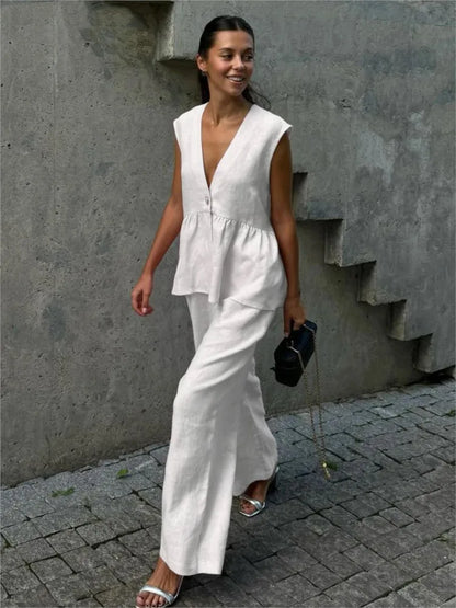 Pink Cotton Linen Ruffles Two Piece Pants Set