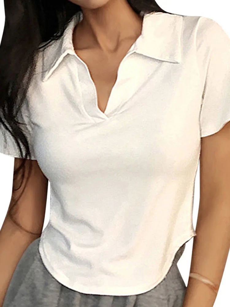 Solid V-Neck Lapel Retro Crop Top