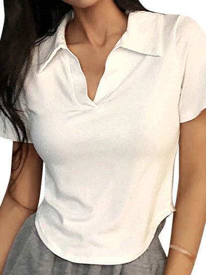 Solid V-Neck Lapel Retro Crop Top