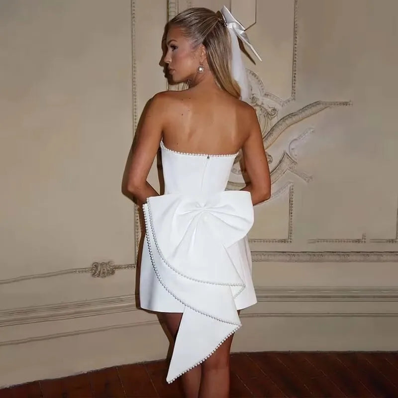 Pearl Bow Waist Wrap Backless Mini Dress