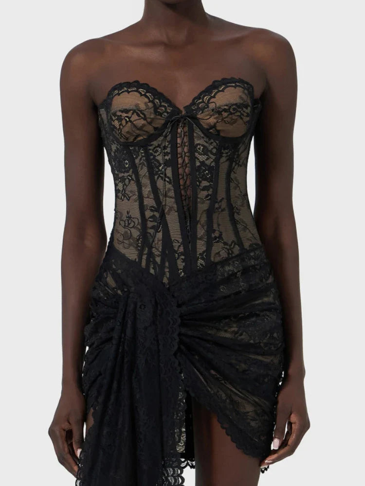 Lace-Up Corset Folds Draped Mini Lace Dress