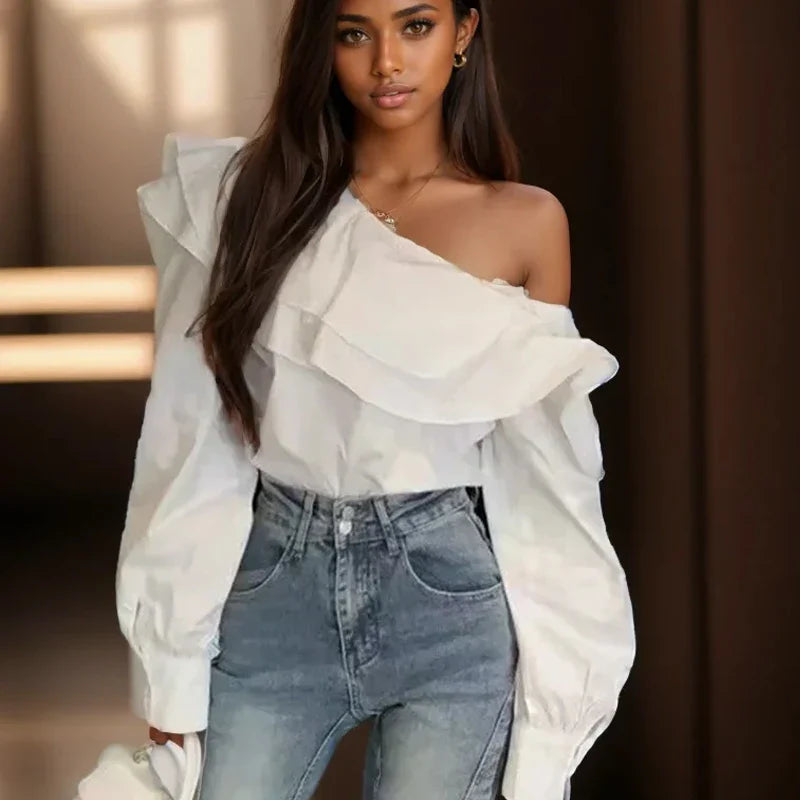 Vintage Off-Shoulder Ruffled White Blouse