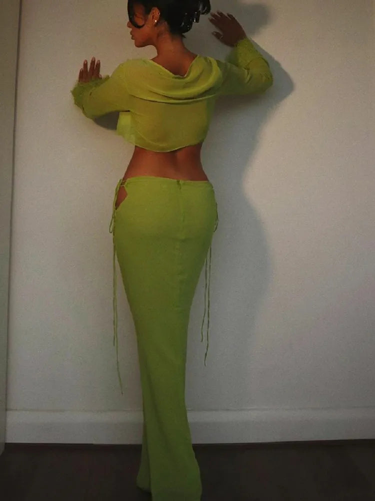 Green See Through Lace Cut Out Cropped Maxi Two Piece Skirt Set