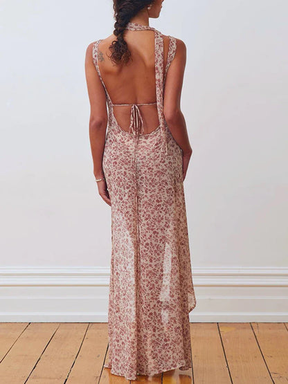 Chiffon Lace Up Slit Floral Dress