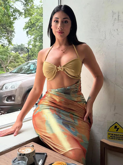 Colorful Patchwork Halter Floral Dress