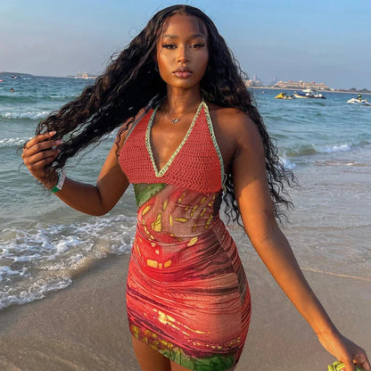 Knit Halter Print Lace Up Backless Mini Dress