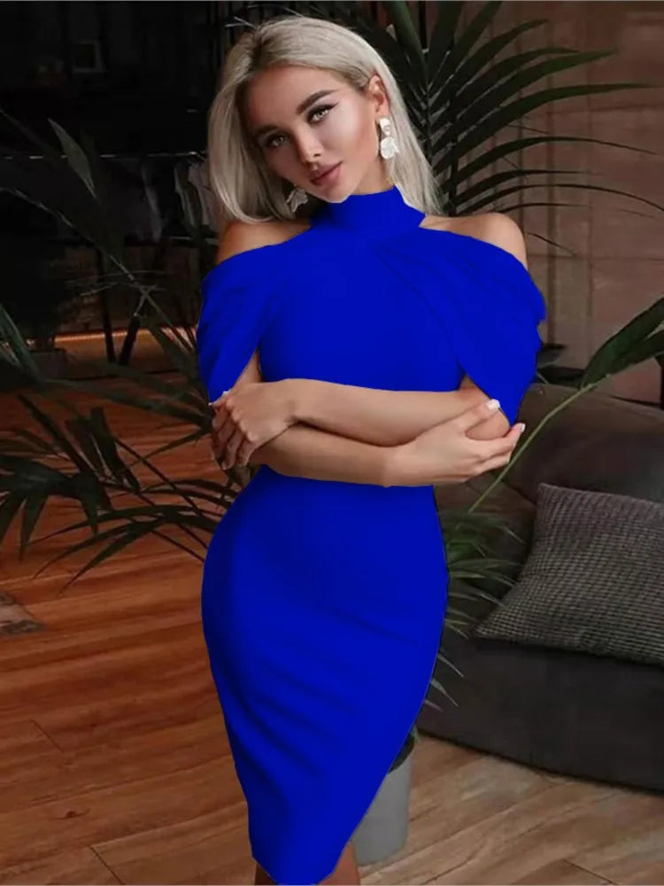Solid Halter Off Shoulder Hip Package Bodycon Work Dress