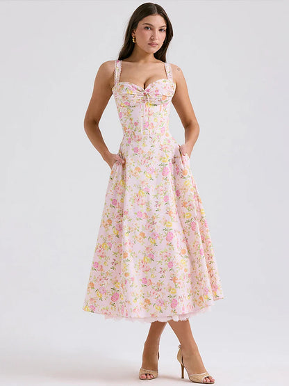 Waist Wrap Spaghetti A-Line Floral Dress
