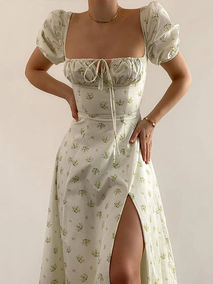 Puff Sleeve High Waist Swing Floral Dress