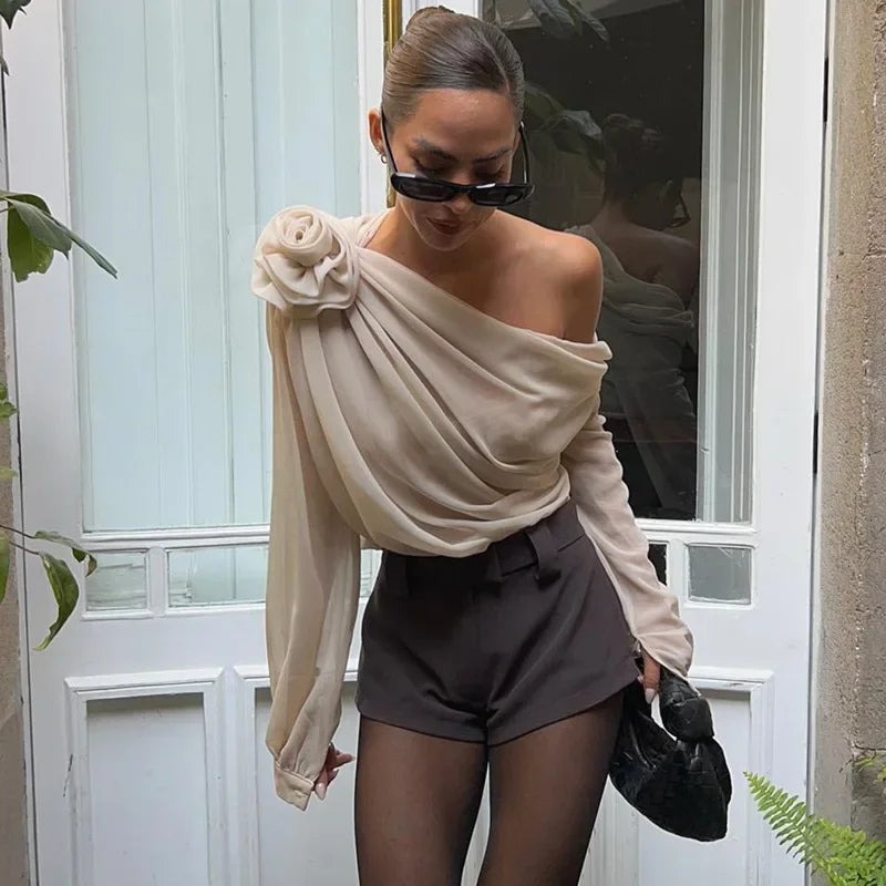 Chiffon One Shoulder Ruched Lantern Sleeve Blouse