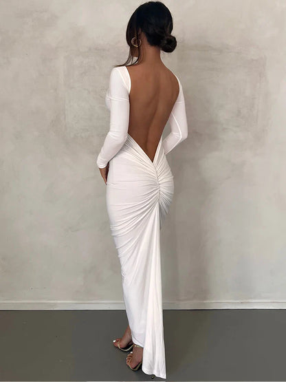 Draped Backless Long Sleeve Maxi Dress
