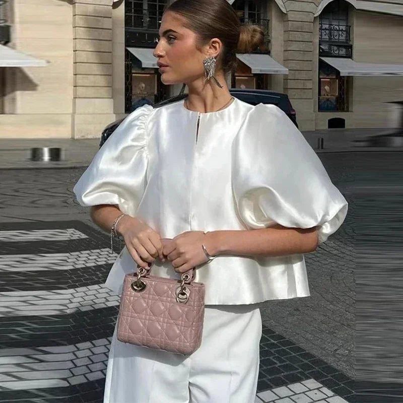 Satin Lantern Sleeve Ruffle Blouse