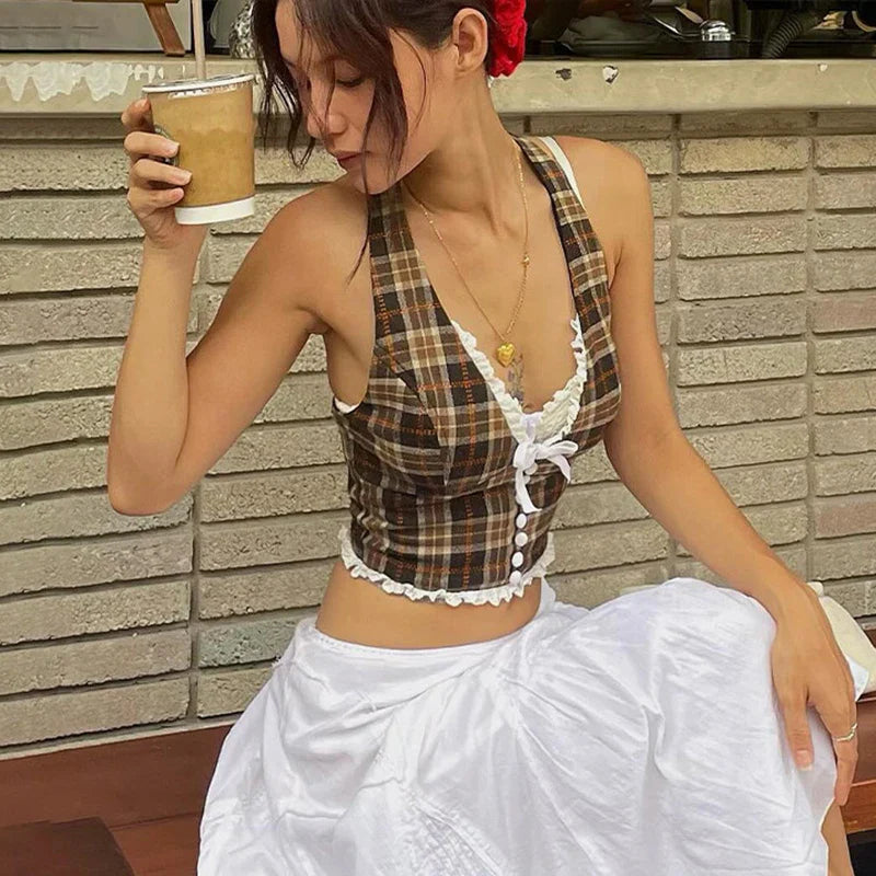 Y2K Plaid Halter Lace Trim Bow Tie Cami Top
