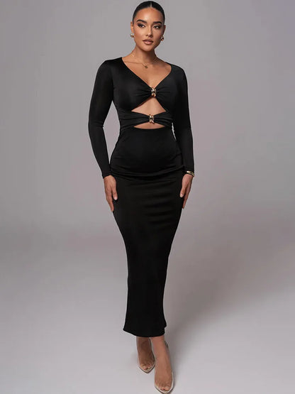 Hollow Long Sleeve Bodycon Midi Dress
