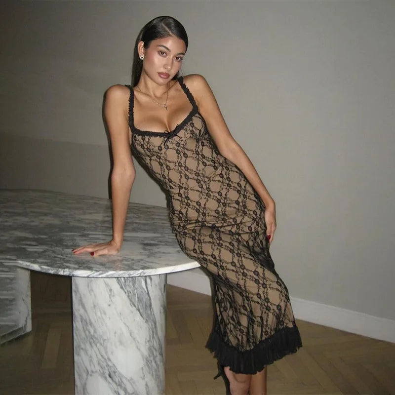 Mesh Lace Plunge Neck Midi Dress