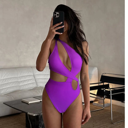 Hollow Off Shoulder Print One Piece Swimwear