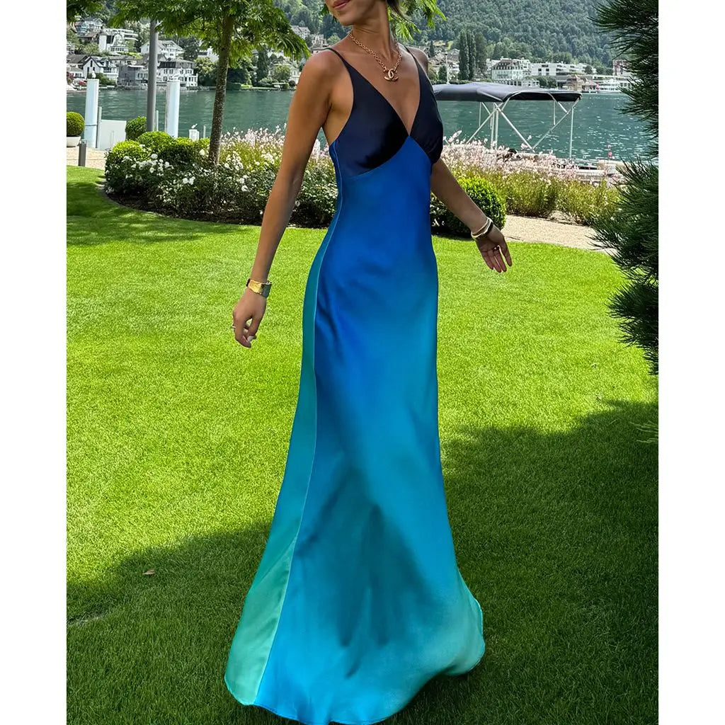 Gradient Contrast Color Adjustable Strap A-line Slip Dress