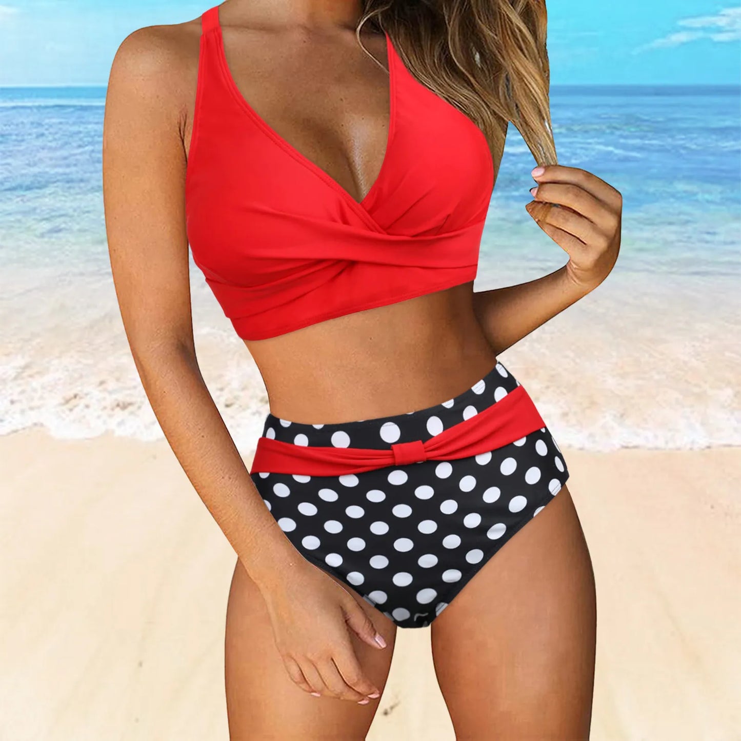High Waist Lace-Up Color Block Two Piece Swim Sets