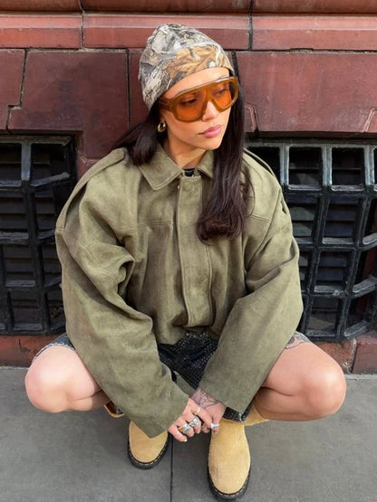 Brown Green Lapel Bomber Jacket