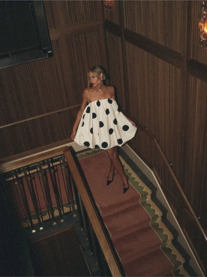 Polka Dot Strapless Pleated Party Dress
