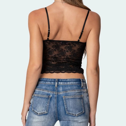 Y2K Lace See-through Sheer Tie-Up Spaghetti Strap Cami Top