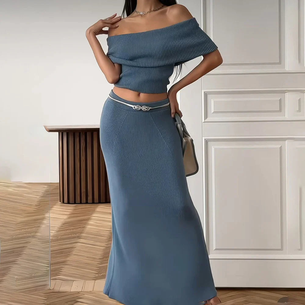 One Shoulder Slit Skirt Knit Set