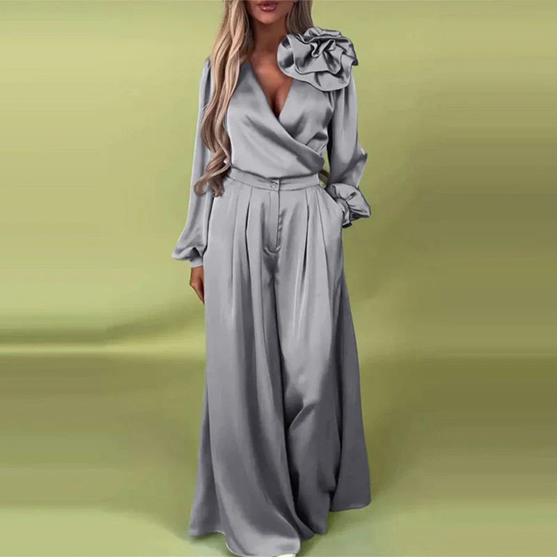 Satin Flower V-Neck Wide Leg Suit