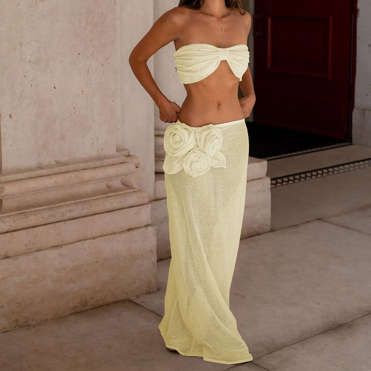 Lace Solid Bikini With Strappy Skirt Three Piece Set