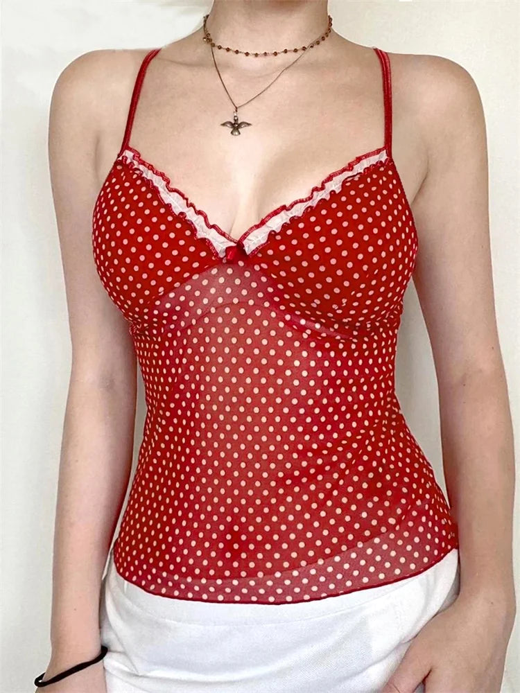 Sleeveless Open Back Dot Print Slim Cami Top