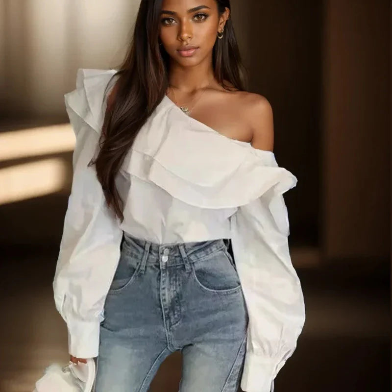 Vintage Off-Shoulder Ruffled White Blouse