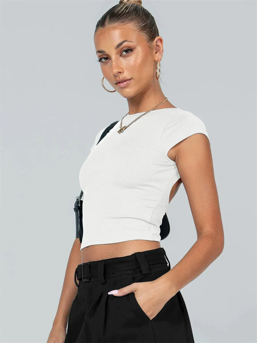 Backless Short Sleeve Crop Top
