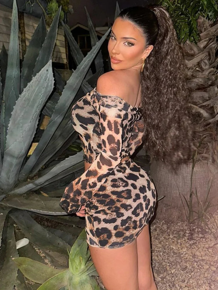Leopard Off-shoulder Mini Knit Set