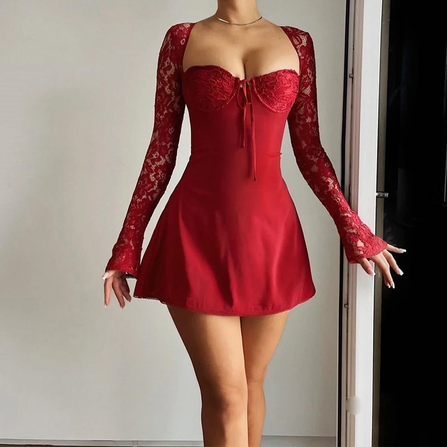 Lace Patchwork Tie Back Long Sleeve Mini Dress
