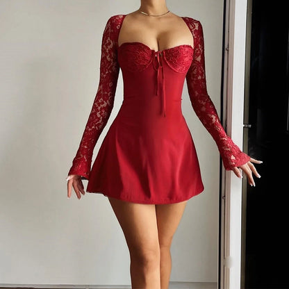 Lace Patchwork Tie Back Long Sleeve Mini Dress