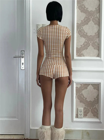 Plaid Print Crew Neck Short Sleeve T-Shirt Two Piece Shorts Set