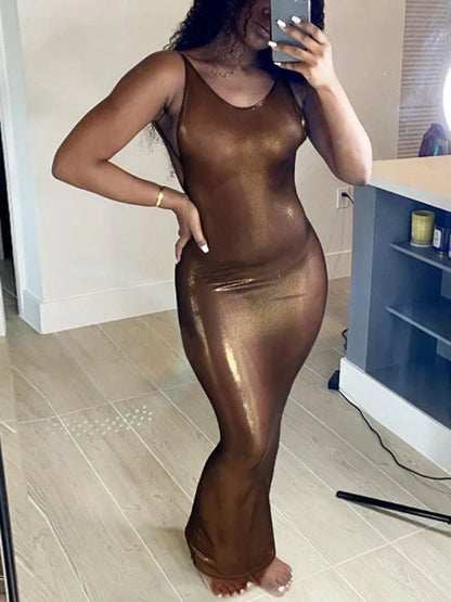 Shiny Silk Backless Bodycon Spaghetti Slip Dress