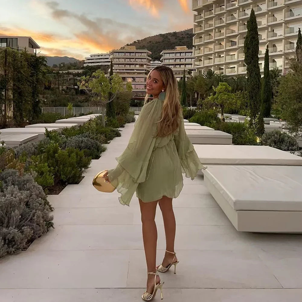 Pea Green Round Neck Frill Stacked Short Work Dress