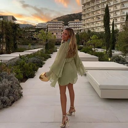 Pea Green Round Neck Frill Stacked Short Work Dress